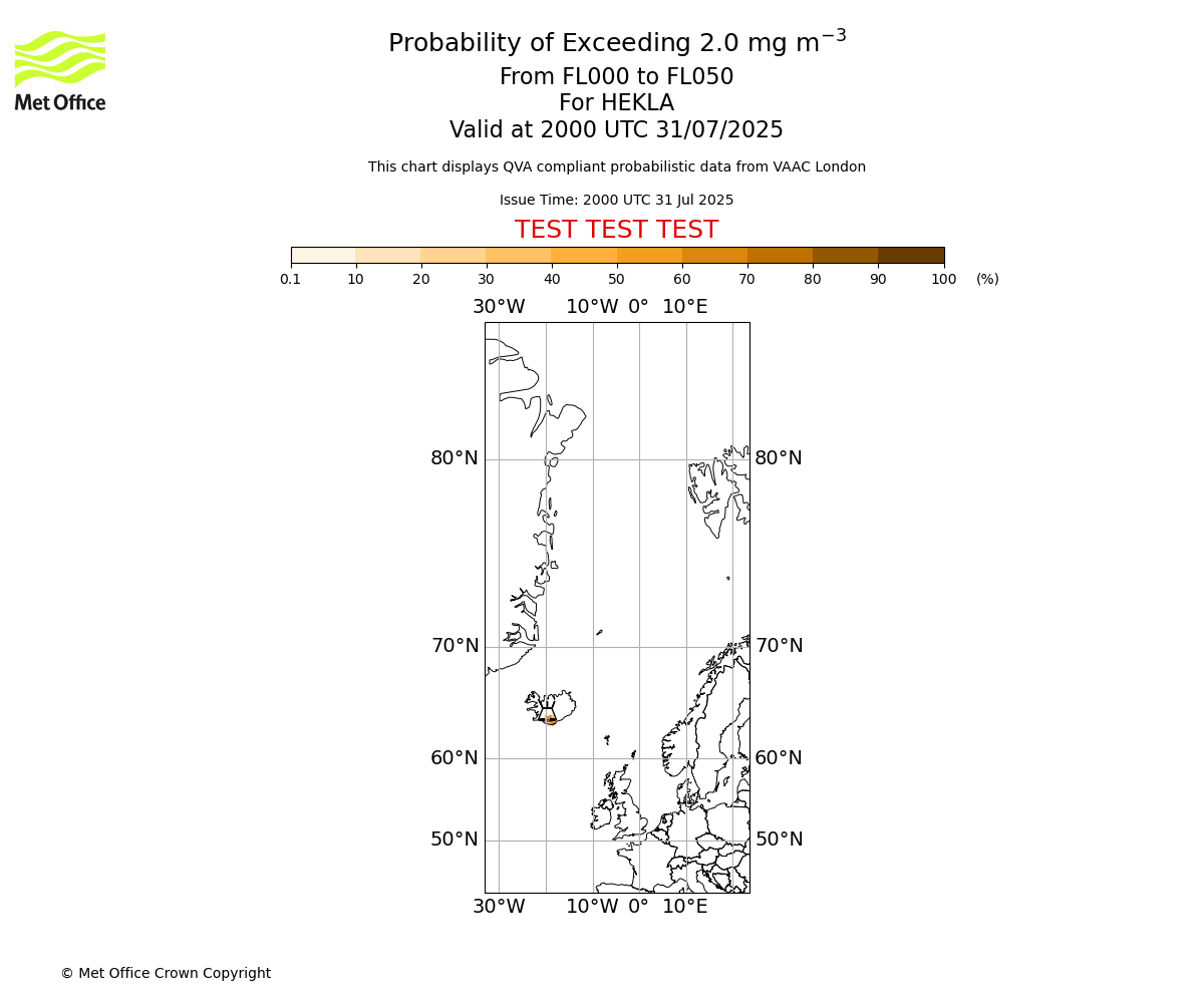 Probability of exceeding 2.0 milligrams per metre cubed. From 000 to 050 for HEKLA. Valid at 2000 UTC 31/07/2025