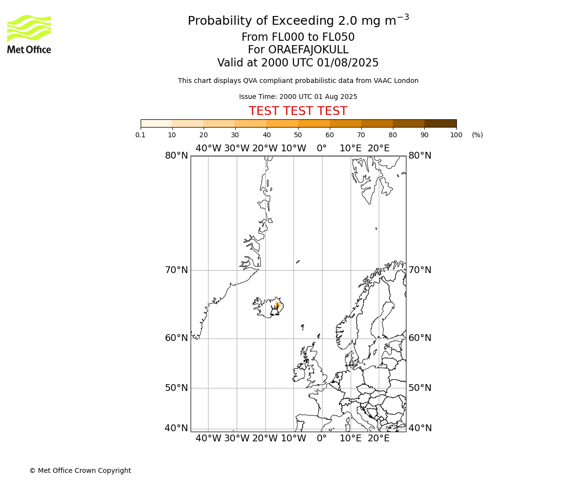 Probability of exceeding 2.0 milligrams per metre cubed. From 000 to 050 for ORAEFAJOKULL. Valid at 2000 UTC 01/08/2025