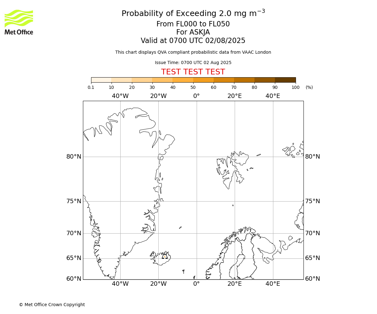 Probability of exceeding 2.0 milligrams per metre cubed. From 000 to 050 for ASKJA. Valid at 0700 UTC 02/08/2025