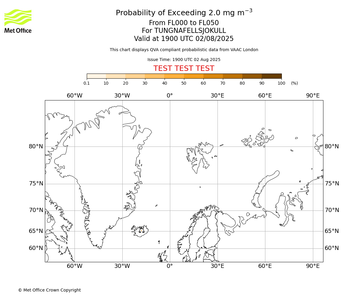 Probability of exceeding 2.0 milligrams per metre cubed. From 000 to 050 for TUNGNAFELLSJOKULL. Valid at 1900 UTC 02/08/2025