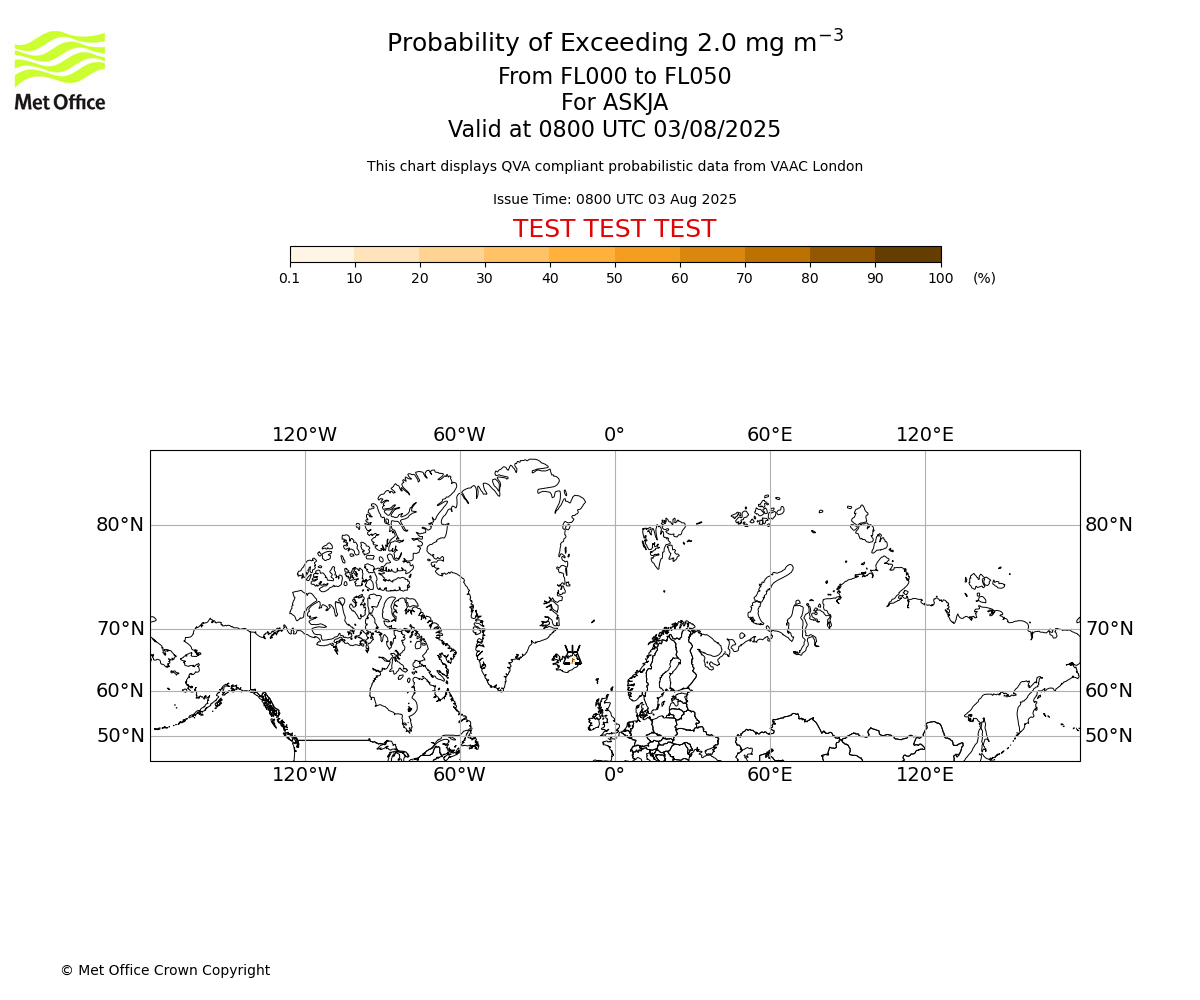 Probability of exceeding 2.0 milligrams per metre cubed. From 000 to 050 for ASKJA. Valid at 0800 UTC 03/08/2025