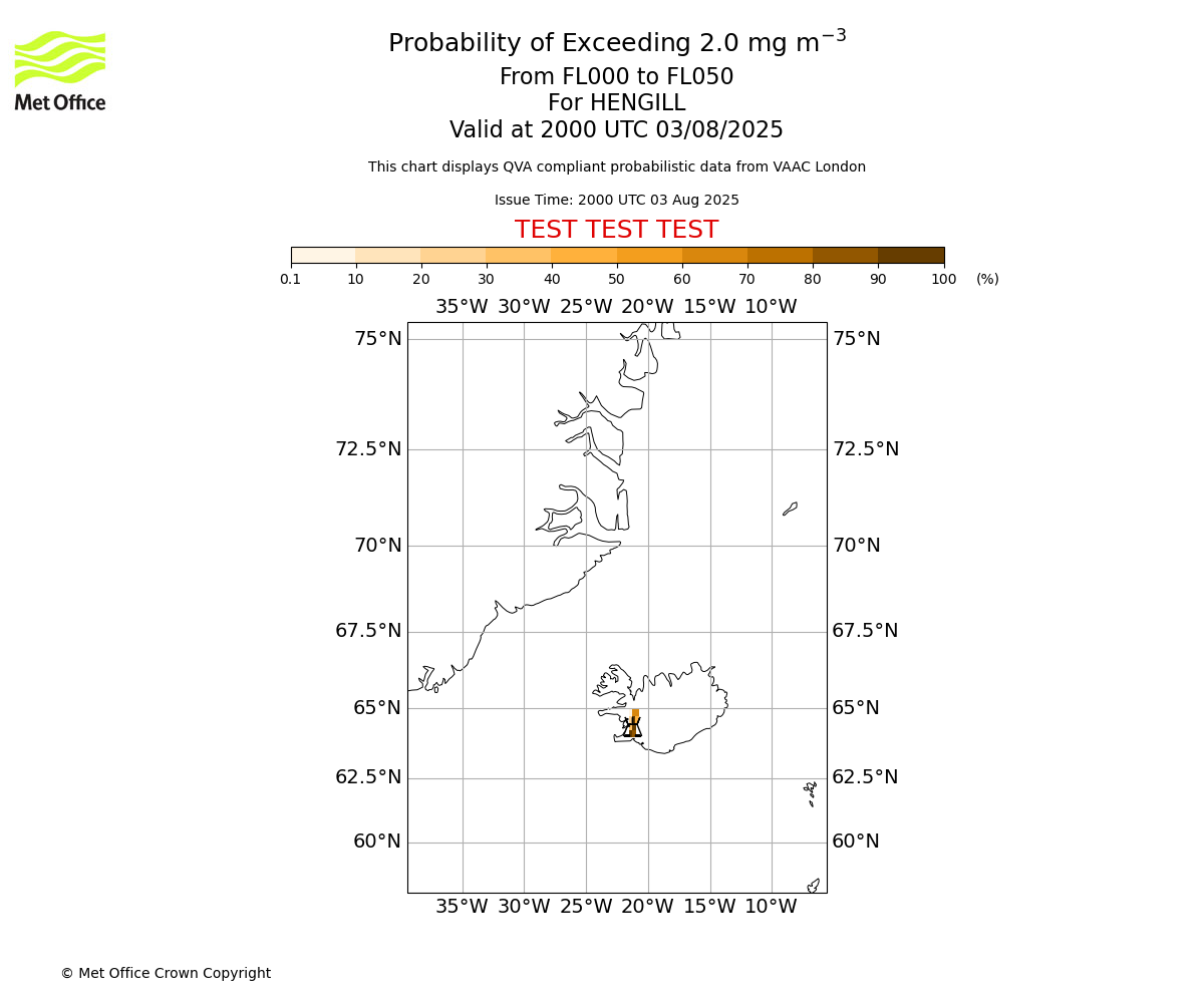 Probability of exceeding 2.0 milligrams per metre cubed. From 000 to 050 for HENGILL. Valid at 2000 UTC 03/08/2025