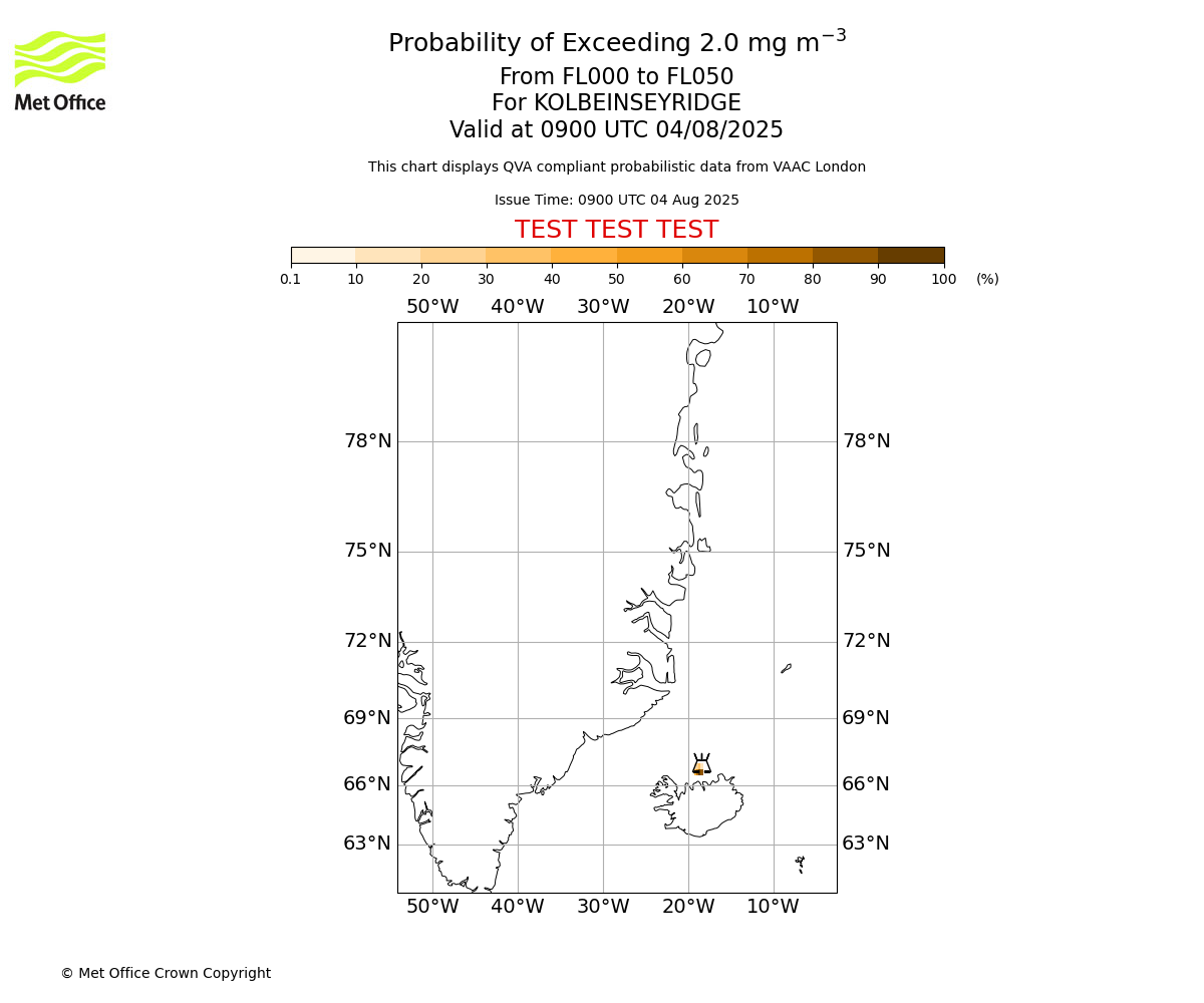Probability of exceeding 2.0 milligrams per metre cubed. From 000 to 050 for KOLBEINSEYRIDGE. Valid at 0900 UTC 04/08/2025