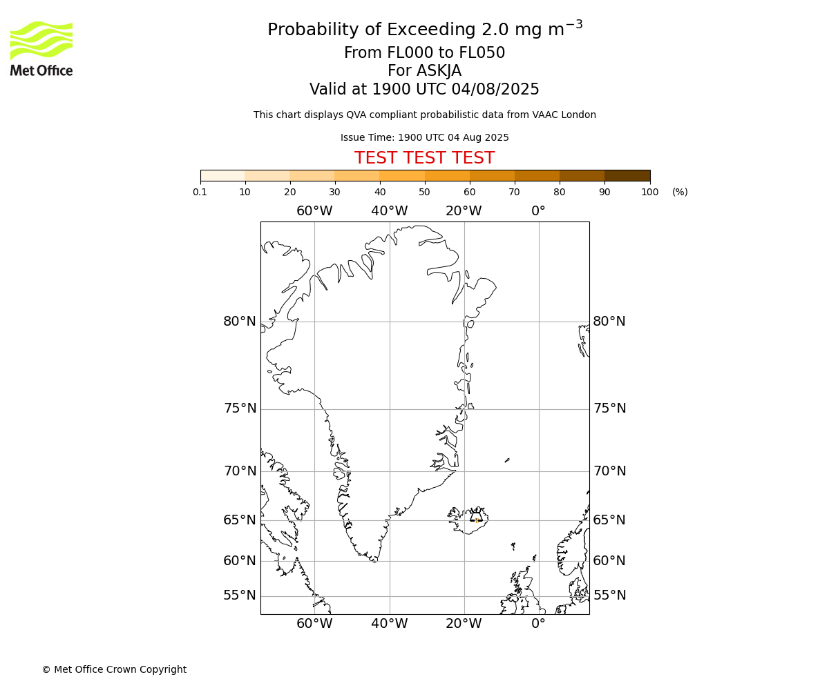 Probability of exceeding 2.0 milligrams per metre cubed. From 000 to 050 for ASKJA. Valid at 1900 UTC 04/08/2025