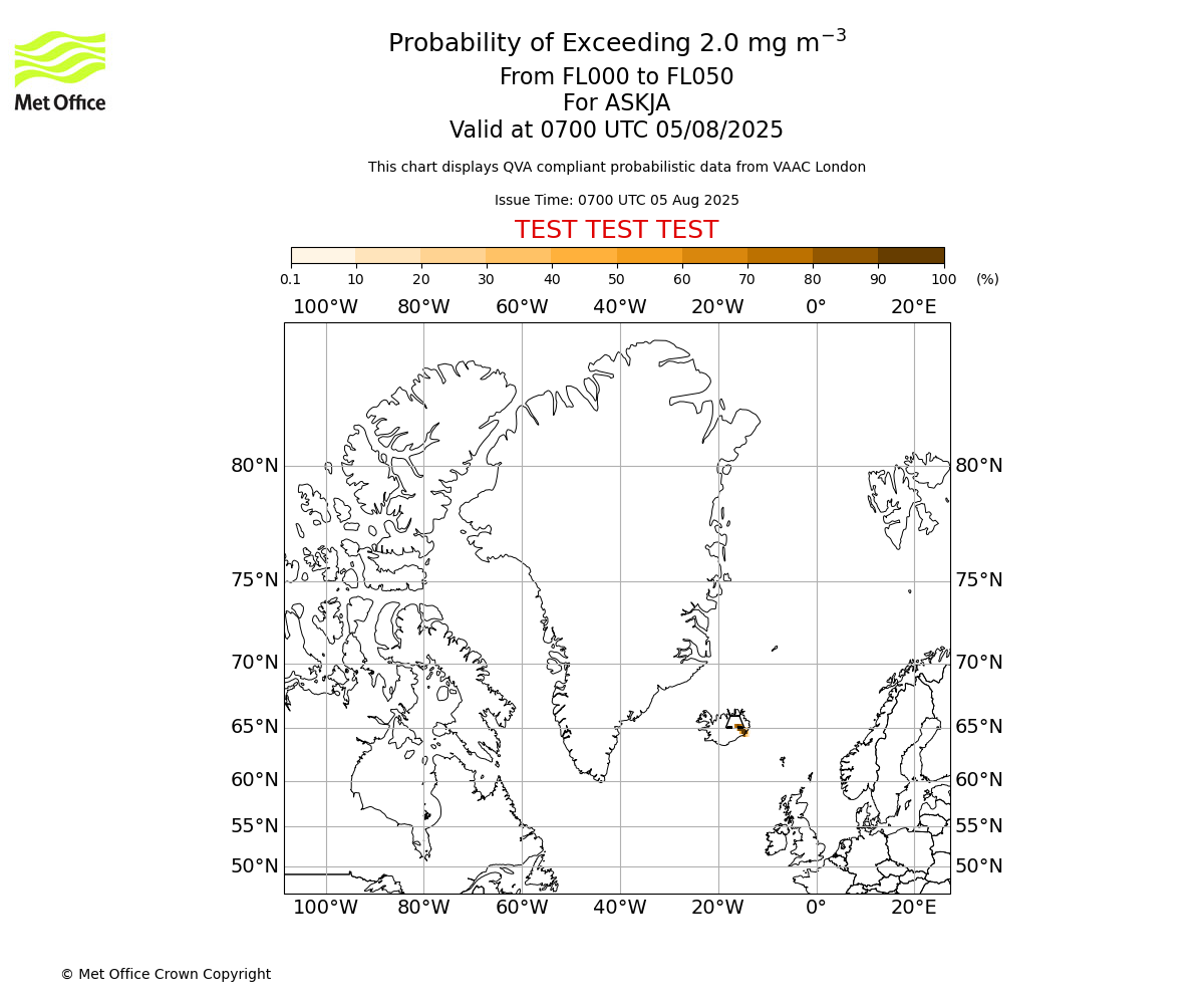 Probability of exceeding 2.0 milligrams per metre cubed. From 000 to 050 for ASKJA. Valid at 0700 UTC 05/08/2025