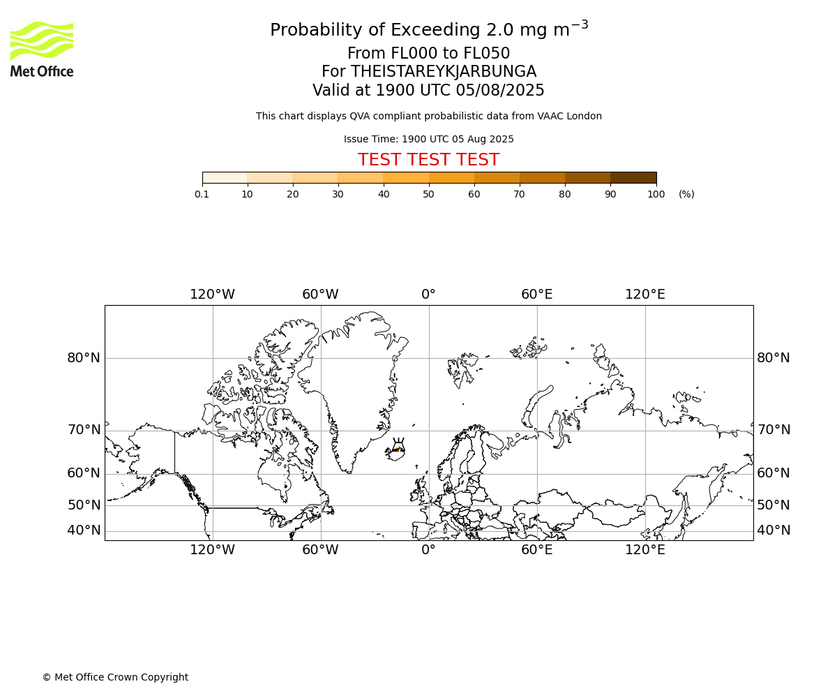Probability of exceeding 2.0 milligrams per metre cubed. From 000 to 050 for THEISTAREYKJARBUNGA. Valid at 1900 UTC 05/08/2025