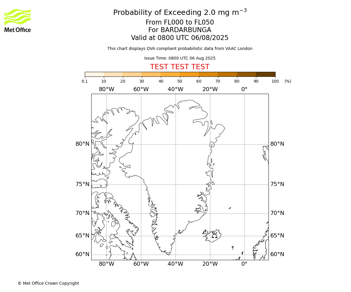 Probability of exceeding 2.0 milligrams per metre cubed. From 000 to 050 for BARDARBUNGA. Valid at 0800 UTC 06/08/2025