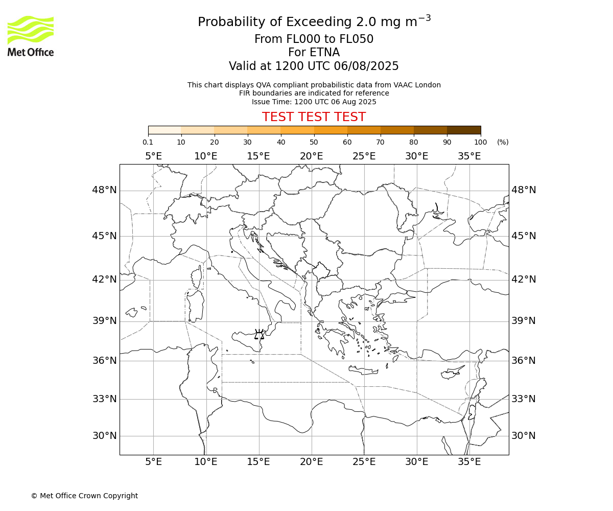 Probability of exceeding 2.0 milligrams per metre cubed. From 000 to 050 for ETNA. Valid at 1200 UTC 06/08/2025
