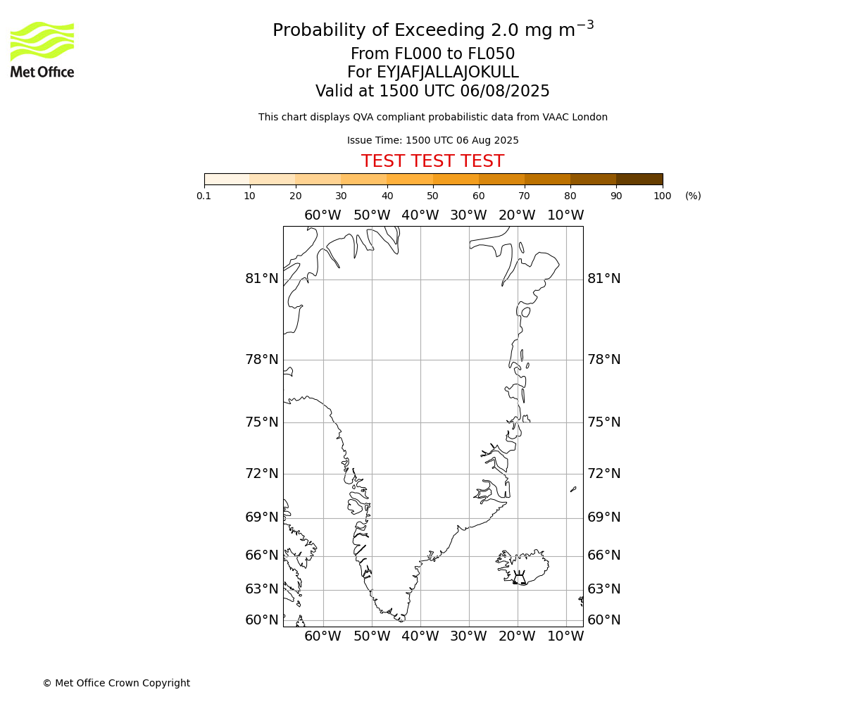 Probability of exceeding 2.0 milligrams per metre cubed. From 000 to 050 for EYJAFJALLAJOKULL. Valid at 1500 UTC 06/08/2025
