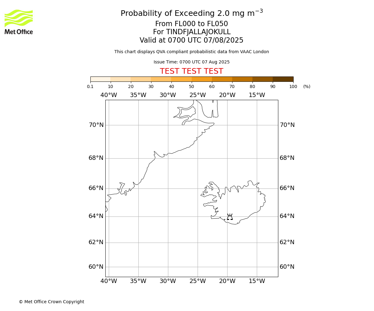Probability of exceeding 2.0 milligrams per metre cubed. From 000 to 050 for TINDFJALLAJOKULL. Valid at 0700 UTC 07/08/2025