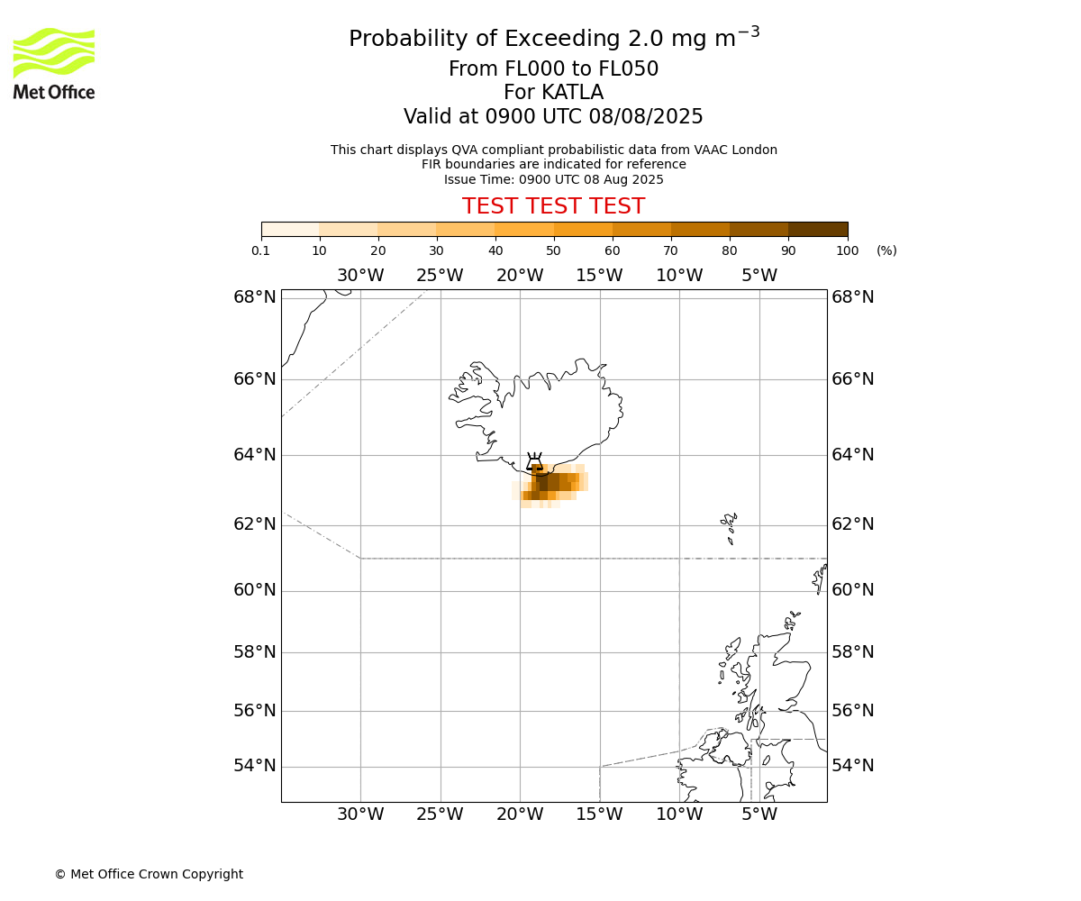Probability of exceeding 2.0 milligrams per metre cubed. From 000 to 050 for KATLA. Valid at 0900 UTC 08/08/2025