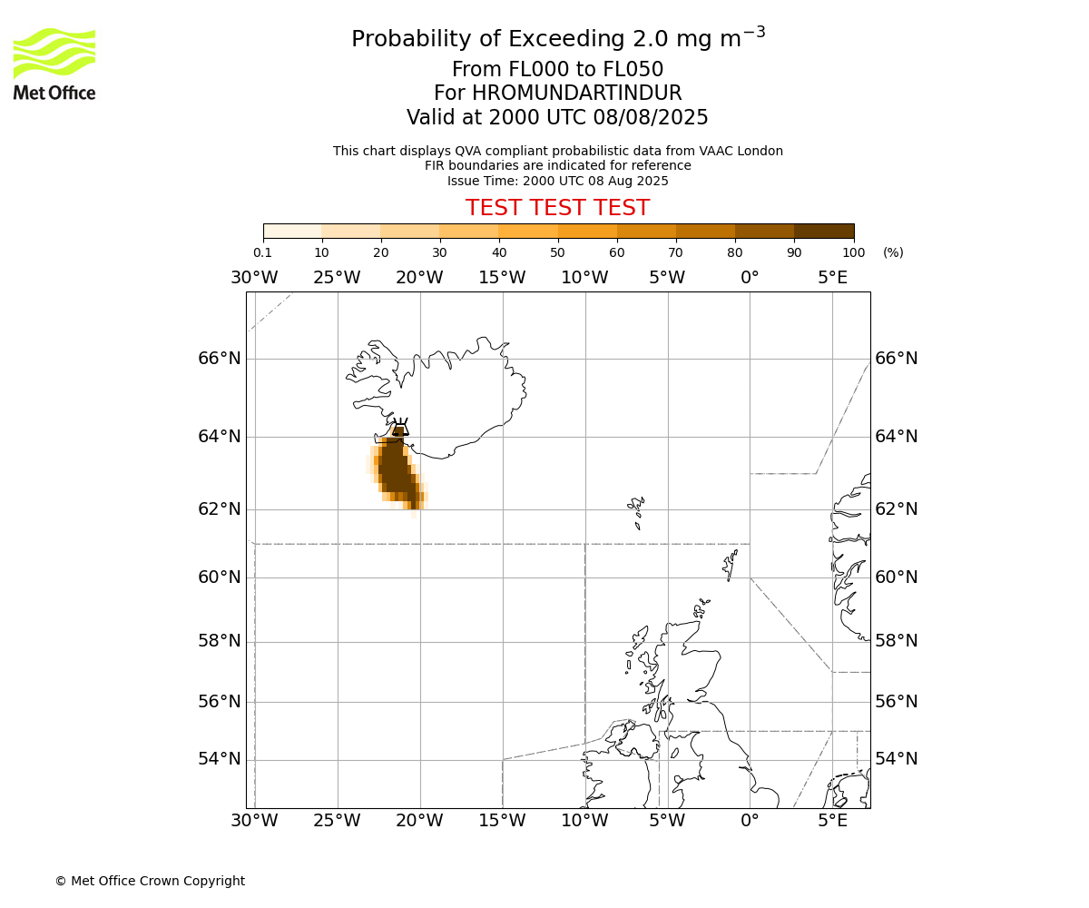 Probability of exceeding 2.0 milligrams per metre cubed. From 000 to 050 for HROMUNDARTINDUR. Valid at 2000 UTC 08/08/2025
