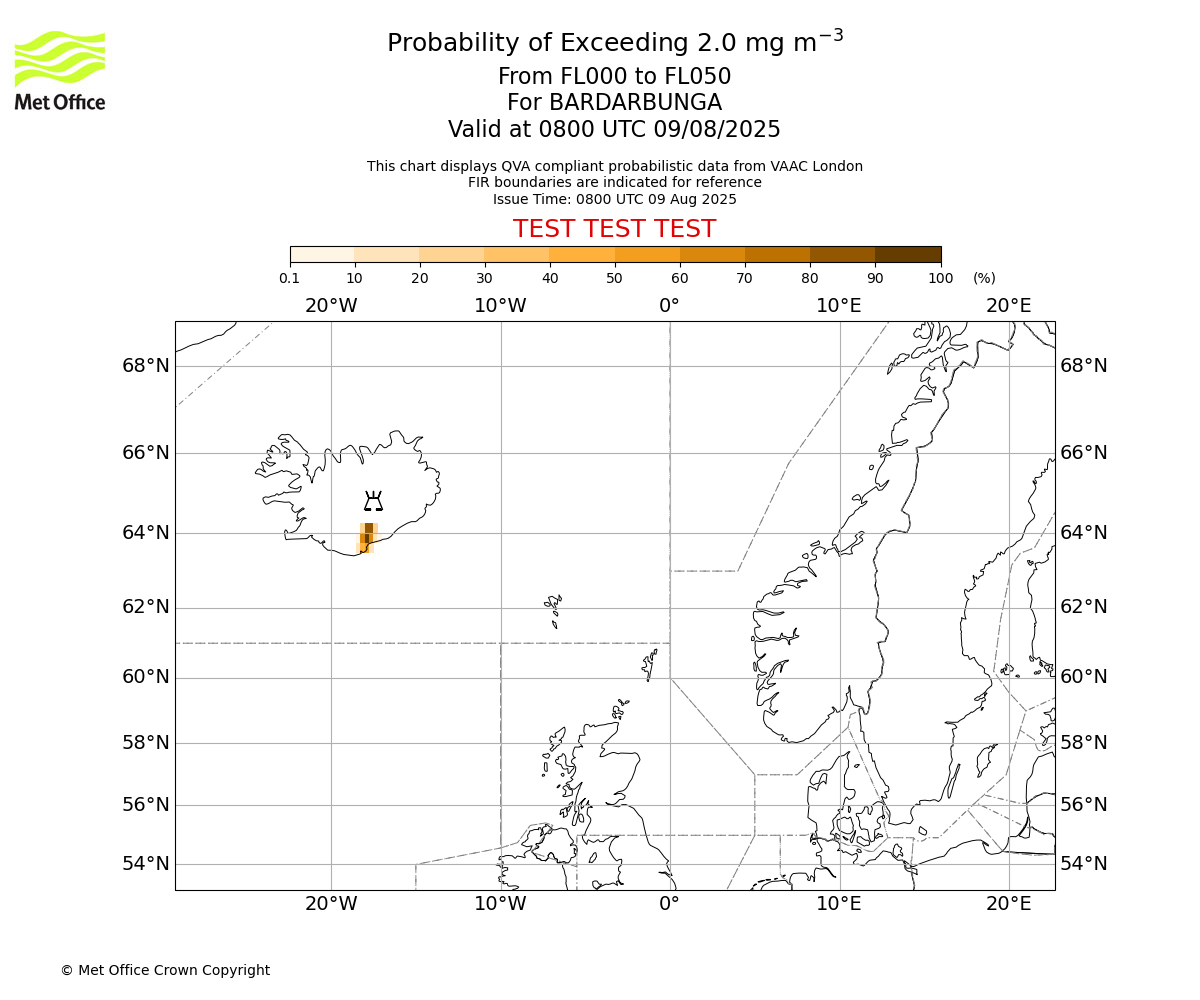 Probability of exceeding 2.0 milligrams per metre cubed. From 000 to 050 for BARDARBUNGA. Valid at 0800 UTC 09/08/2025