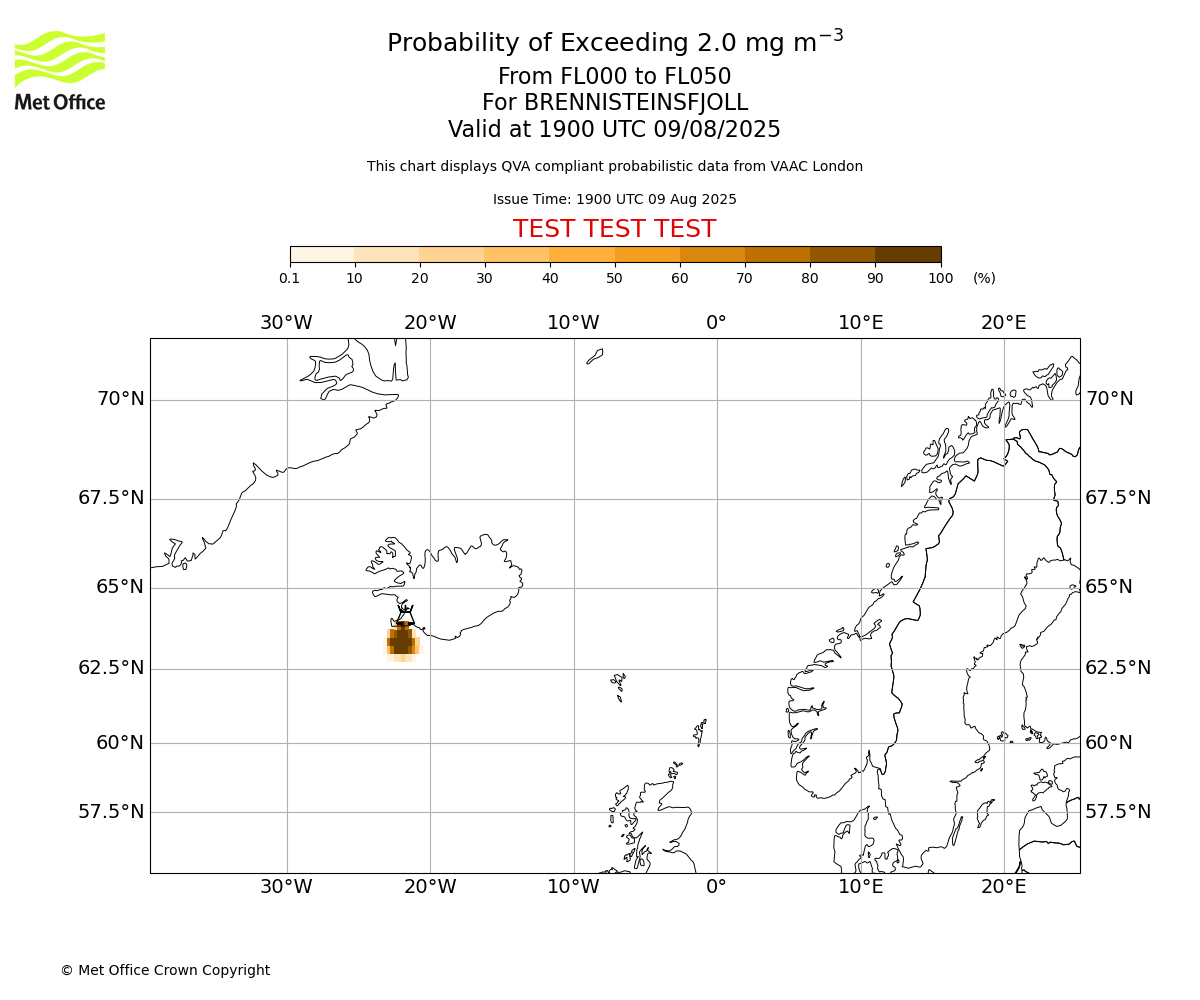Probability of exceeding 2.0 milligrams per metre cubed. From 000 to 050 for BRENNISTEINSFJOLL. Valid at 1900 UTC 09/08/2025