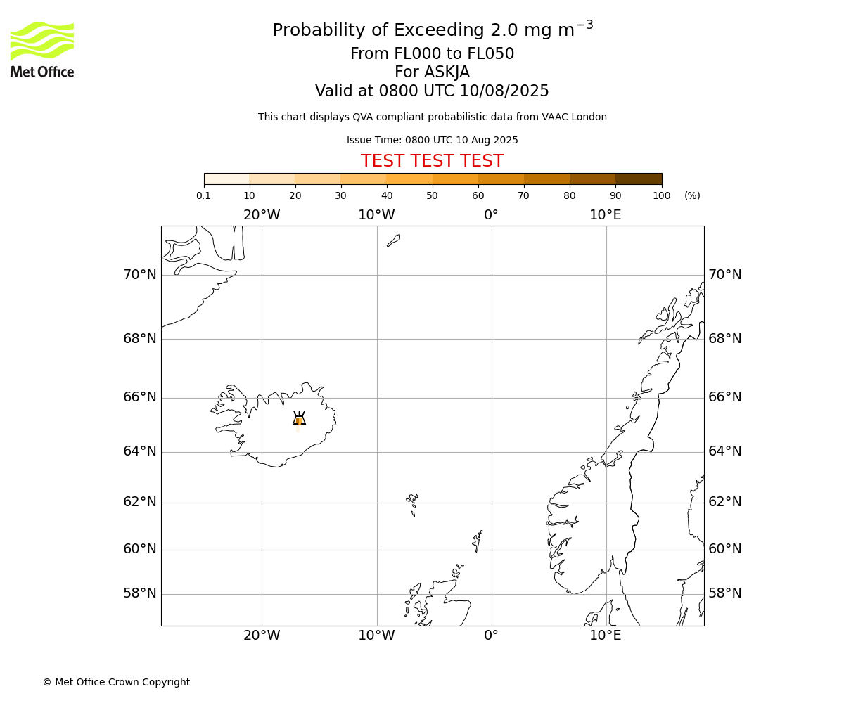 Probability of exceeding 2.0 milligrams per metre cubed. From 000 to 050 for ASKJA. Valid at 0800 UTC 10/08/2025
