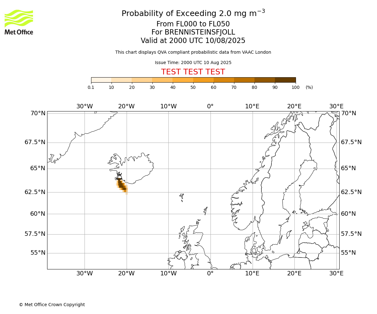 Probability of exceeding 2.0 milligrams per metre cubed. From 000 to 050 for BRENNISTEINSFJOLL. Valid at 2000 UTC 10/08/2025