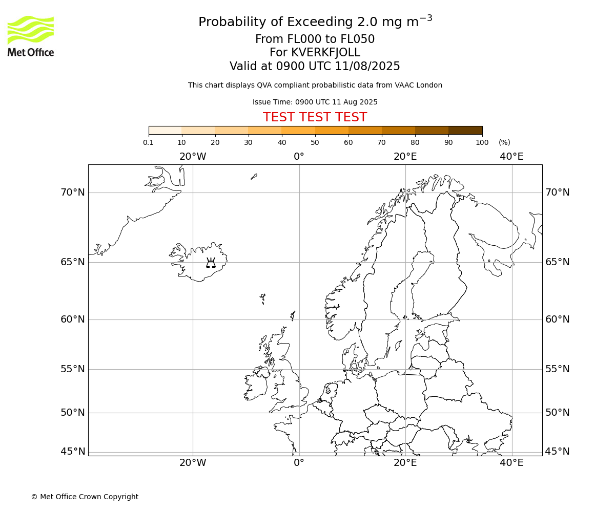 Probability of exceeding 2.0 milligrams per metre cubed. From 000 to 050 for KVERKFJOLL. Valid at 0900 UTC 11/08/2025