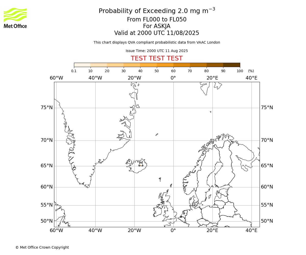 Probability of exceeding 2.0 milligrams per metre cubed. From 000 to 050 for ASKJA. Valid at 2000 UTC 11/08/2025