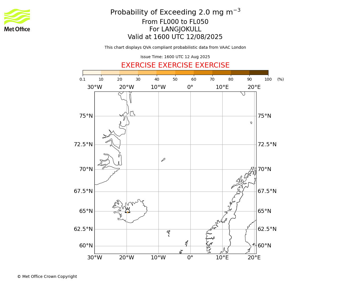 Probability of exceeding 2.0 milligrams per metre cubed. From 000 to 050 for LANGJOKULL. Valid at 1600 UTC 12/08/2025