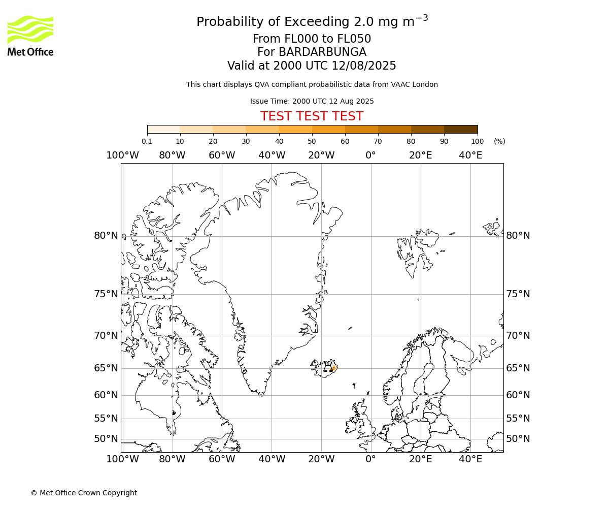 Probability of exceeding 2.0 milligrams per metre cubed. From 000 to 050 for BARDARBUNGA. Valid at 2000 UTC 12/08/2025