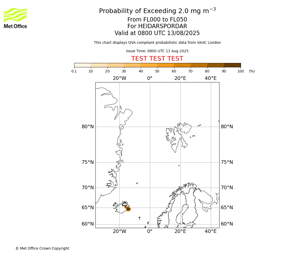 Probability of exceeding 2.0 milligrams per metre cubed. From 000 to 050 for HEIDARSPORDAR. Valid at 0800 UTC 13/08/2025