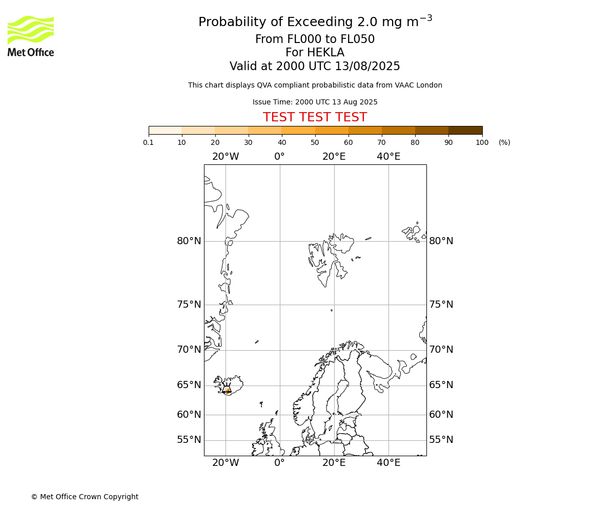 Probability of exceeding 2.0 milligrams per metre cubed. From 000 to 050 for HEKLA. Valid at 2000 UTC 13/08/2025
