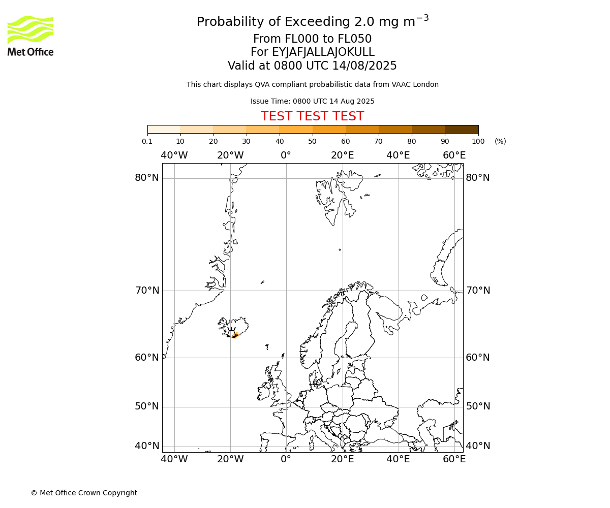Probability of exceeding 2.0 milligrams per metre cubed. From 000 to 050 for EYJAFJALLAJOKULL. Valid at 0800 UTC 14/08/2025