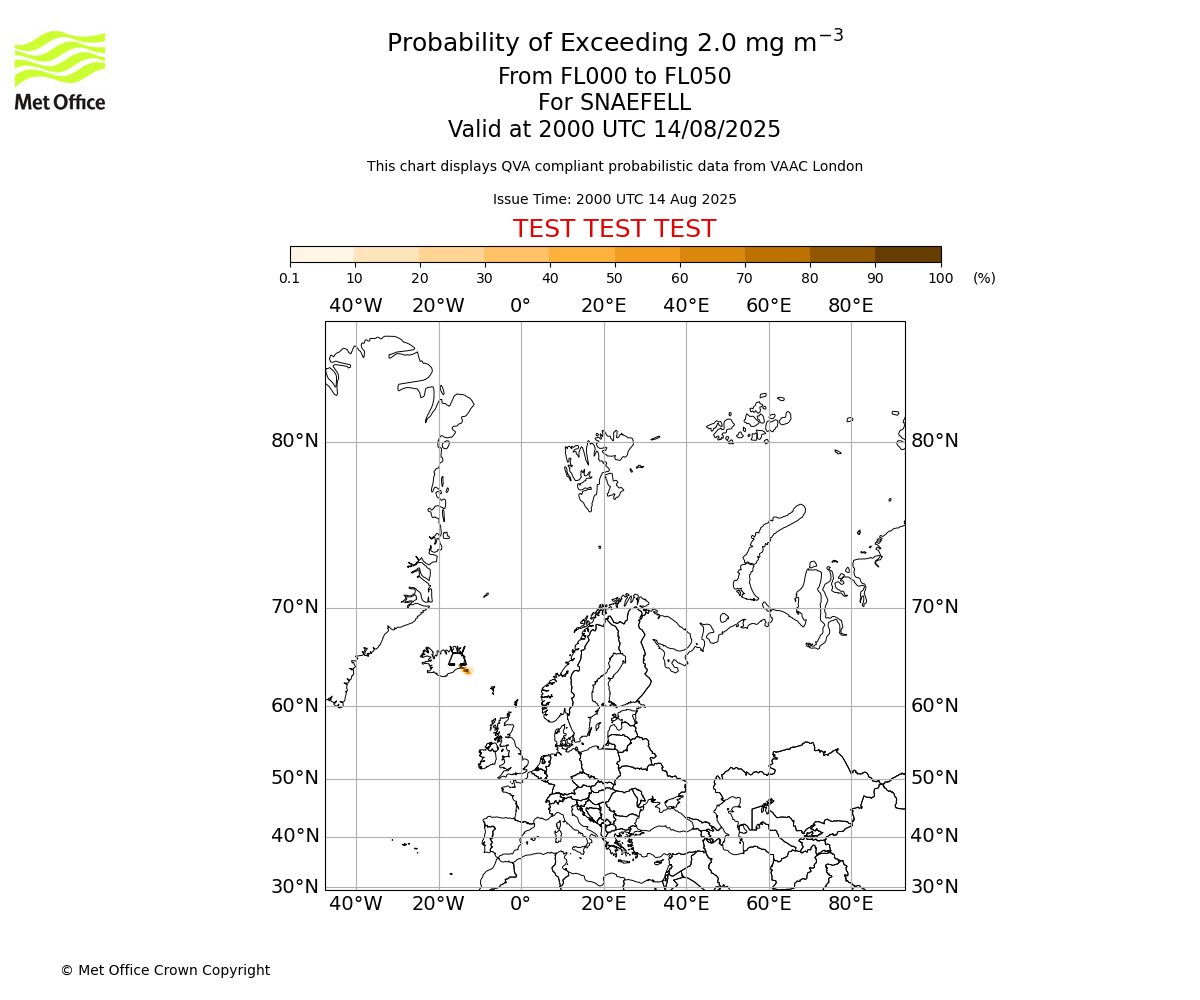 Probability of exceeding 2.0 milligrams per metre cubed. From 000 to 050 for SNAEFELL. Valid at 2000 UTC 14/08/2025