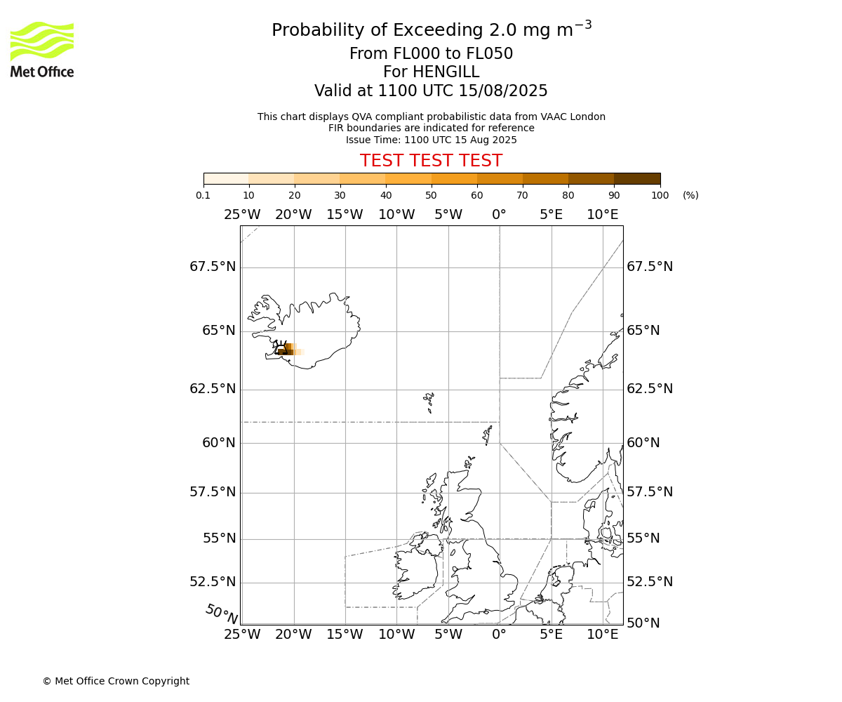 Probability of exceeding 2.0 milligrams per metre cubed. From 000 to 050 for HENGILL. Valid at 1100 UTC 15/08/2025