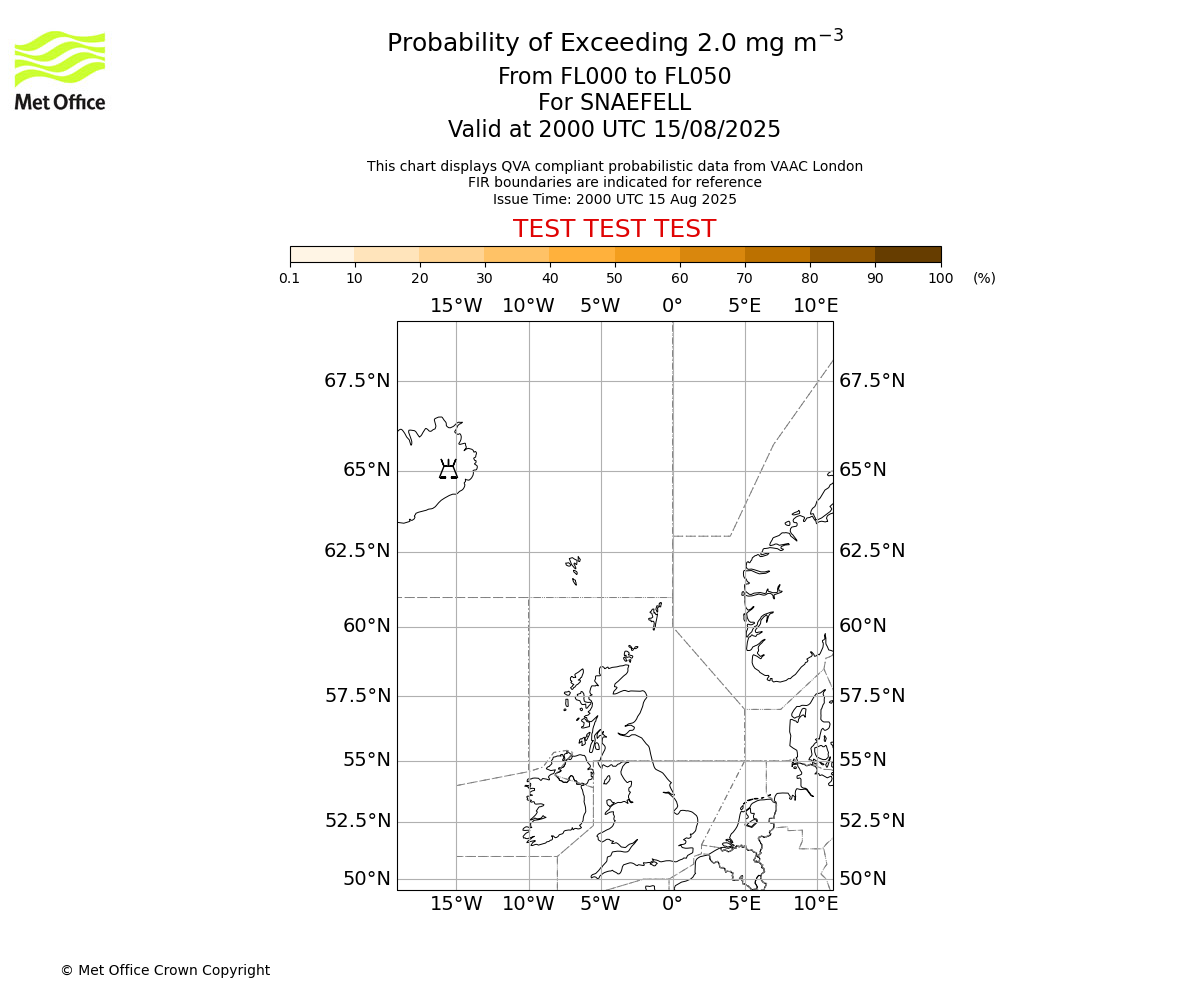 Probability of exceeding 2.0 milligrams per metre cubed. From 000 to 050 for SNAEFELL. Valid at 2000 UTC 15/08/2025