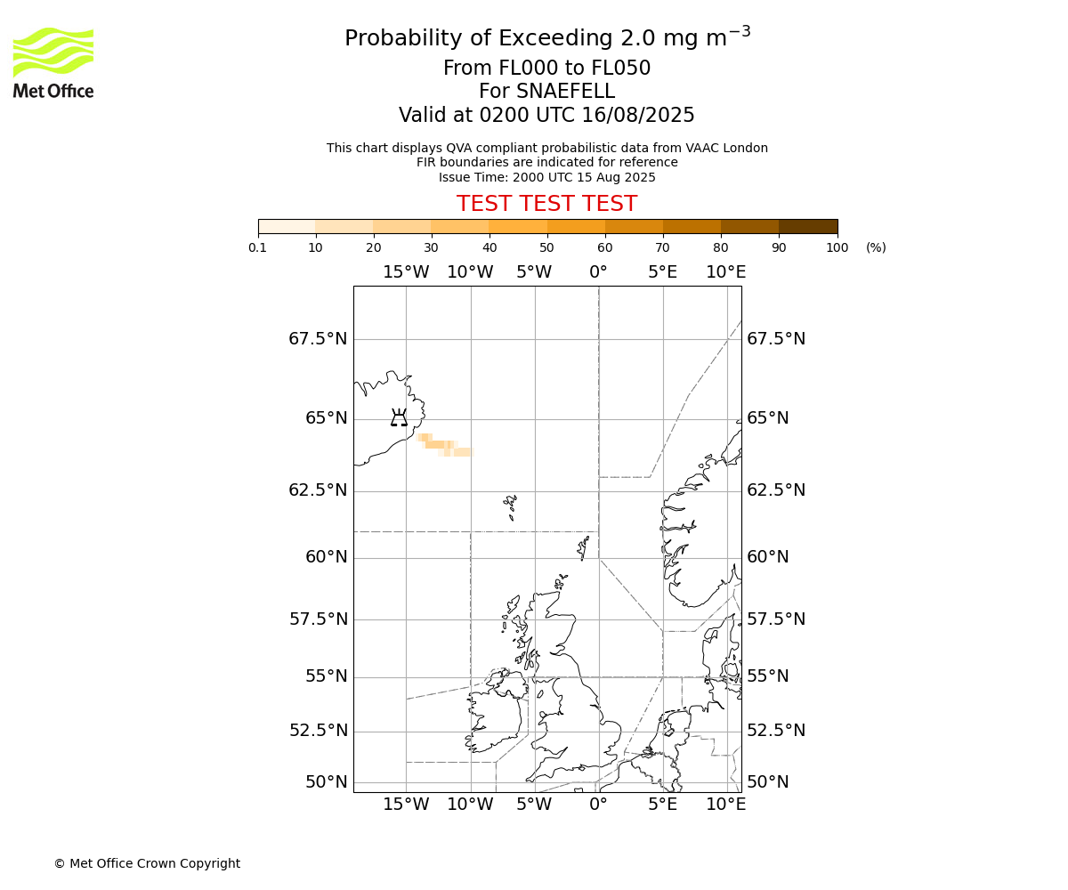 Probability of exceeding 2.0 milligrams per metre cubed. From 000 to 050 for SNAEFELL. Valid at 0200 UTC 16/08/2025