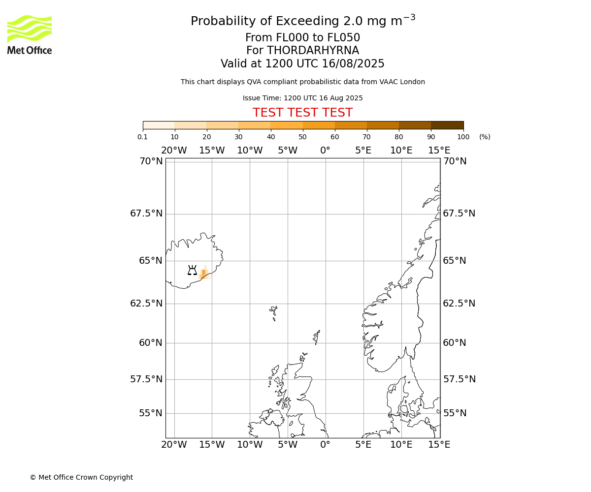 Probability of exceeding 2.0 milligrams per metre cubed. From 000 to 050 for THORDARHYRNA. Valid at 1200 UTC 16/08/2025