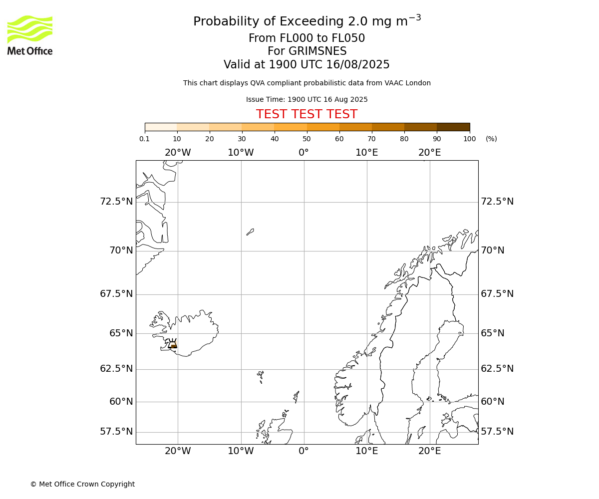 Probability of exceeding 2.0 milligrams per metre cubed. From 000 to 050 for GRIMSNES. Valid at 1900 UTC 16/08/2025