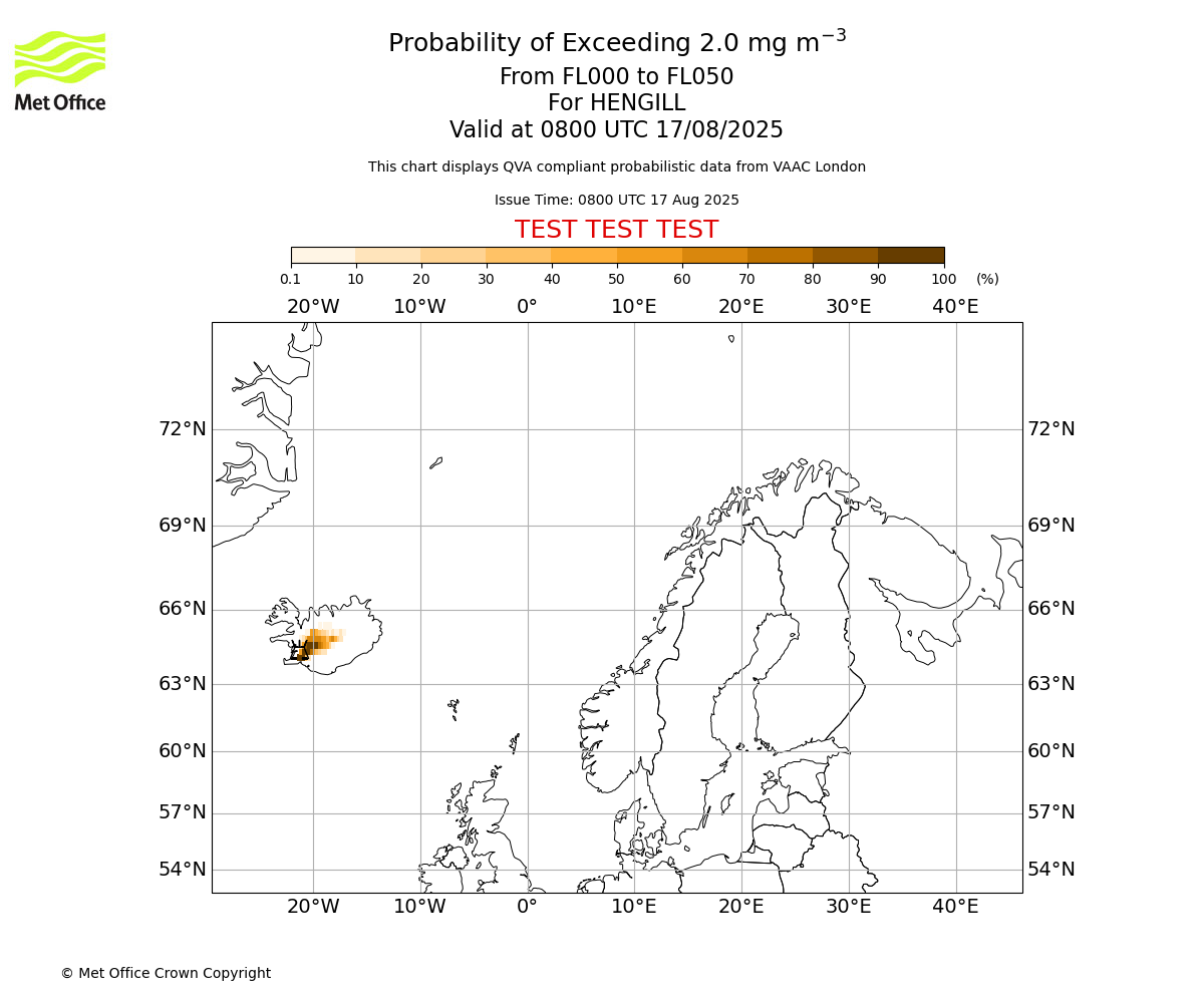 Probability of exceeding 2.0 milligrams per metre cubed. From 000 to 050 for HENGILL. Valid at 0800 UTC 17/08/2025