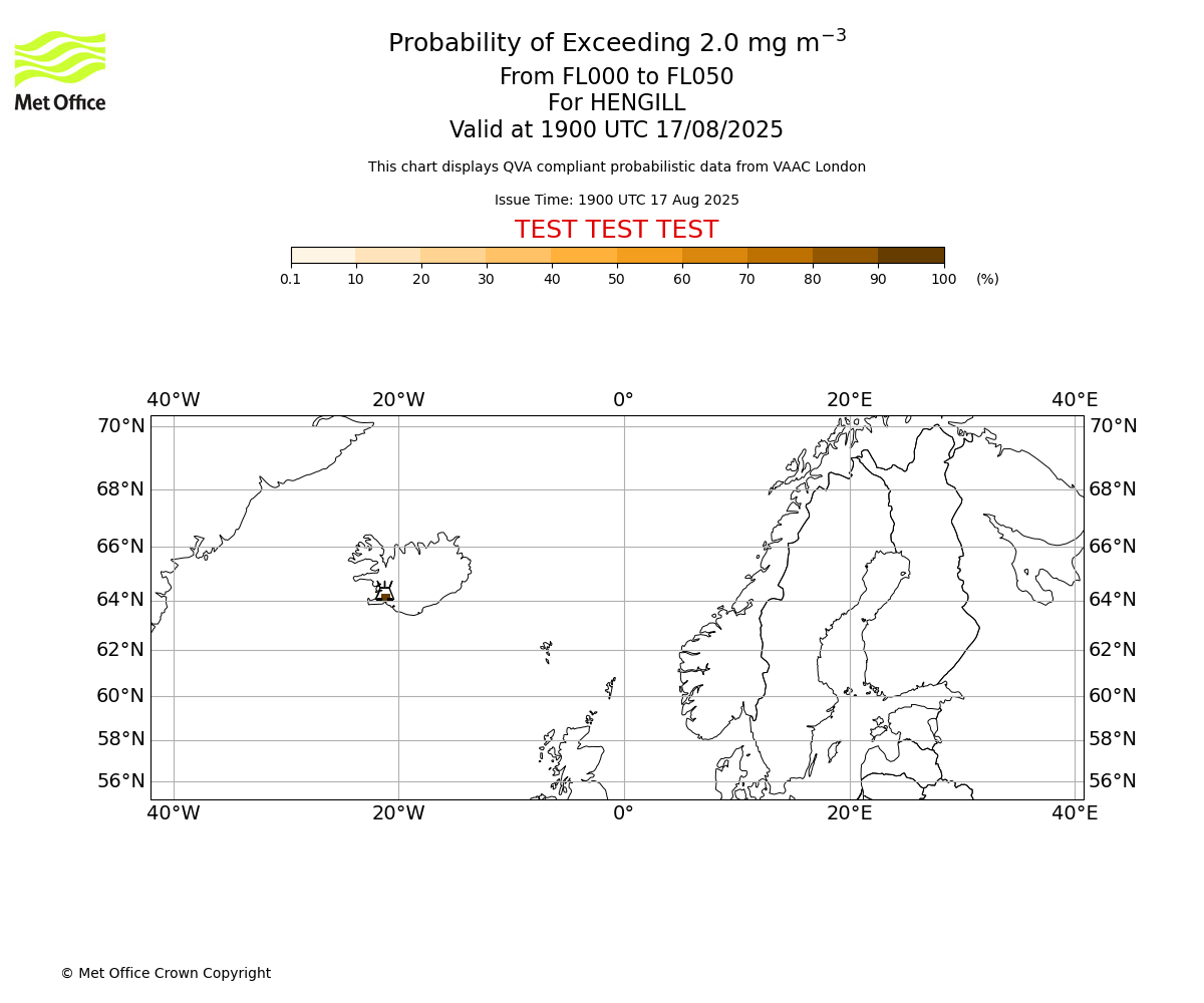 Probability of exceeding 2.0 milligrams per metre cubed. From 000 to 050 for HENGILL. Valid at 1900 UTC 17/08/2025
