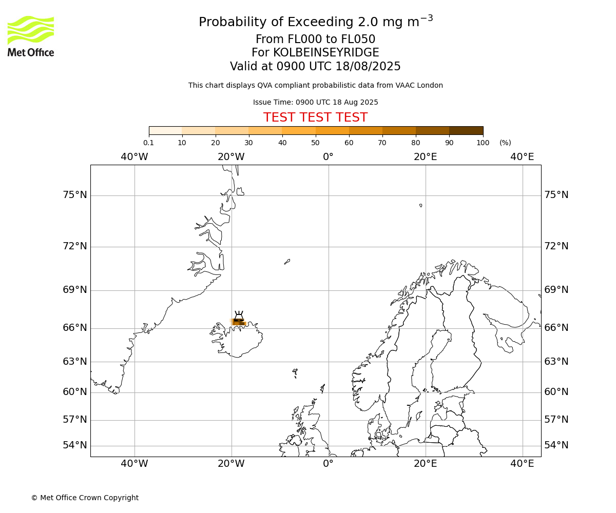 Probability of exceeding 2.0 milligrams per metre cubed. From 000 to 050 for KOLBEINSEYRIDGE. Valid at 0900 UTC 18/08/2025