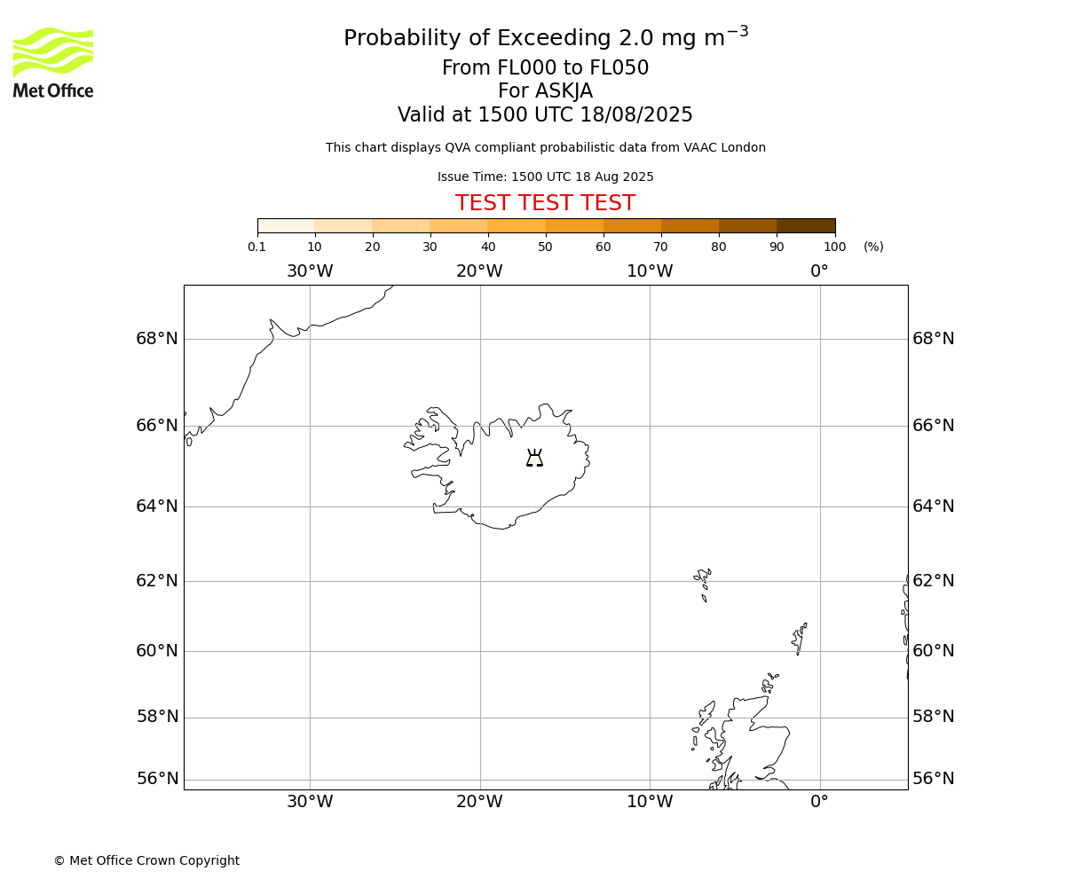 Probability of exceeding 2.0 milligrams per metre cubed. From 000 to 050 for ASKJA. Valid at 1500 UTC 18/08/2025