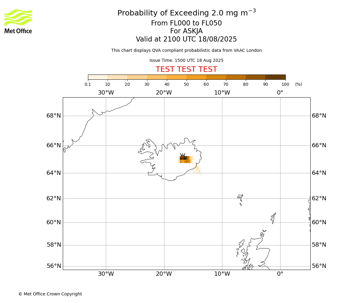 Probability of exceeding 2.0 milligrams per metre cubed. From 000 to 050 for ASKJA. Valid at 2100 UTC 18/08/2025