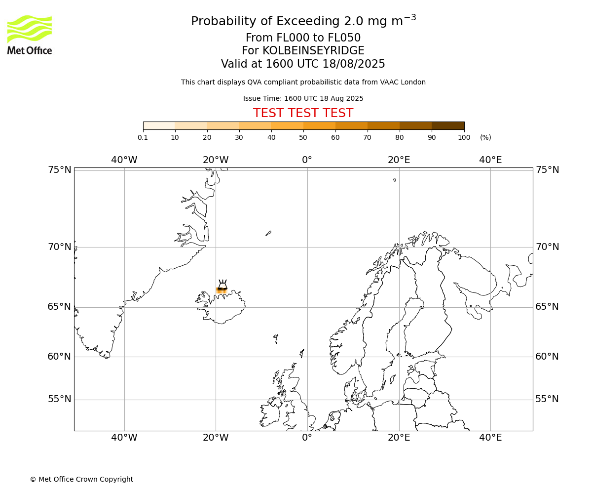 Probability of exceeding 2.0 milligrams per metre cubed. From 000 to 050 for KOLBEINSEYRIDGE. Valid at 1600 UTC 18/08/2025