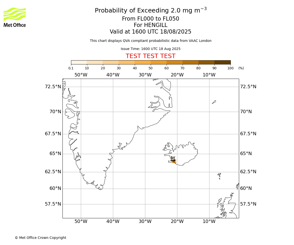 Probability of exceeding 2.0 milligrams per metre cubed. From 000 to 050 for HENGILL. Valid at 1600 UTC 18/08/2025