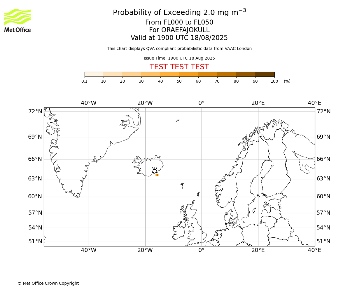 Probability of exceeding 2.0 milligrams per metre cubed. From 000 to 050 for ORAEFAJOKULL. Valid at 1900 UTC 18/08/2025