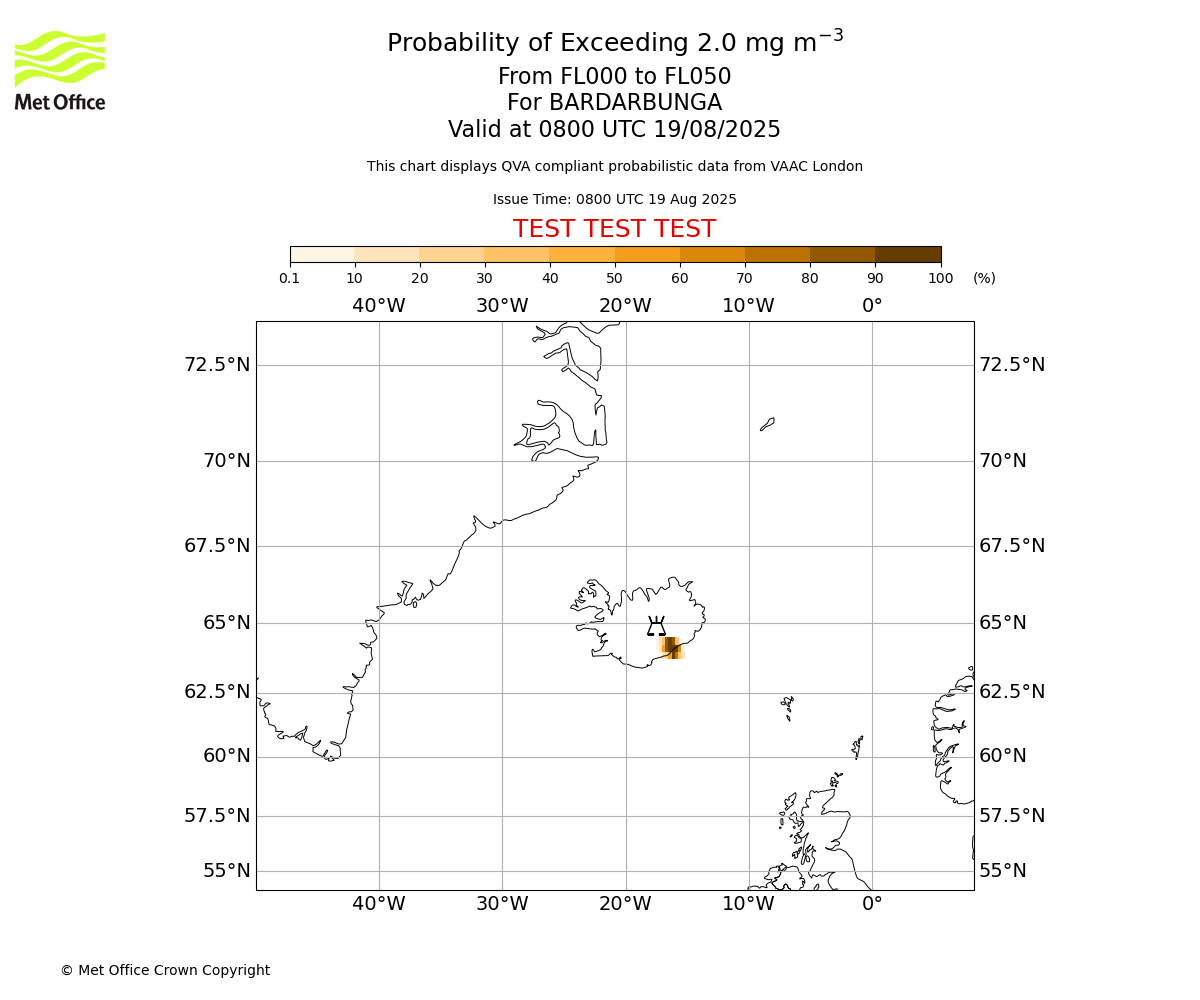 Probability of exceeding 2.0 milligrams per metre cubed. From 000 to 050 for BARDARBUNGA. Valid at 0800 UTC 19/08/2025