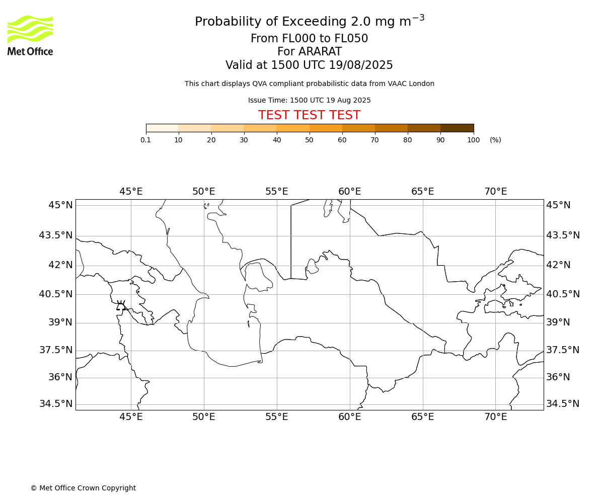 Probability of exceeding 2.0 milligrams per metre cubed. From 000 to 050 for ARARAT. Valid at 1500 UTC 19/08/2025