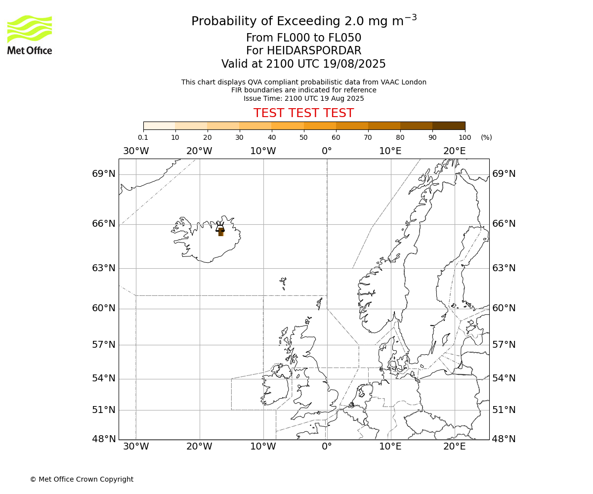Probability of exceeding 2.0 milligrams per metre cubed. From 000 to 050 for HEIDARSPORDAR. Valid at 2100 UTC 19/08/2025