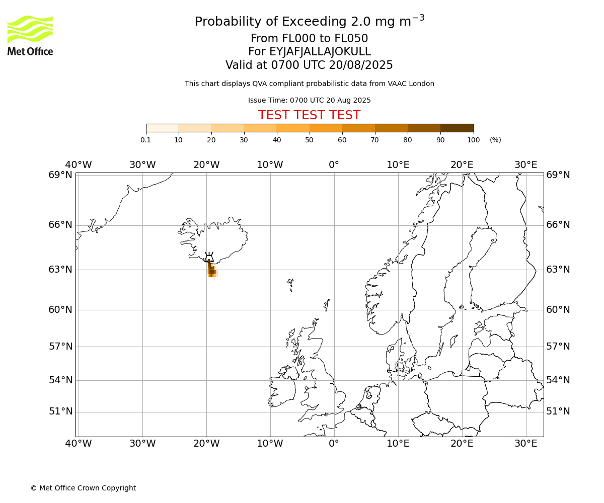 Probability of exceeding 2.0 milligrams per metre cubed. From 000 to 050 for EYJAFJALLAJOKULL. Valid at 0700 UTC 20/08/2025