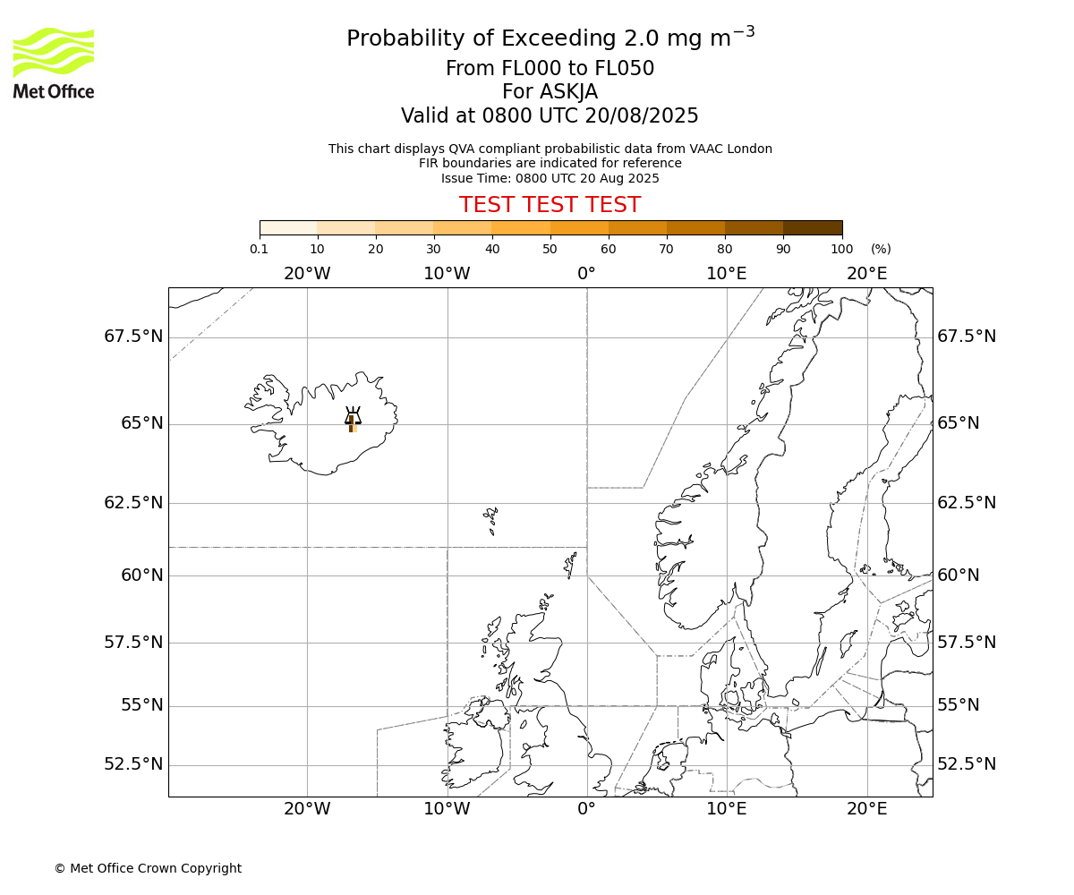 Probability of exceeding 2.0 milligrams per metre cubed. From 000 to 050 for ASKJA. Valid at 0800 UTC 20/08/2025