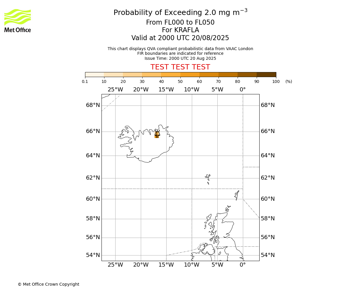 Probability of exceeding 2.0 milligrams per metre cubed. From 000 to 050 for KRAFLA. Valid at 2000 UTC 20/08/2025