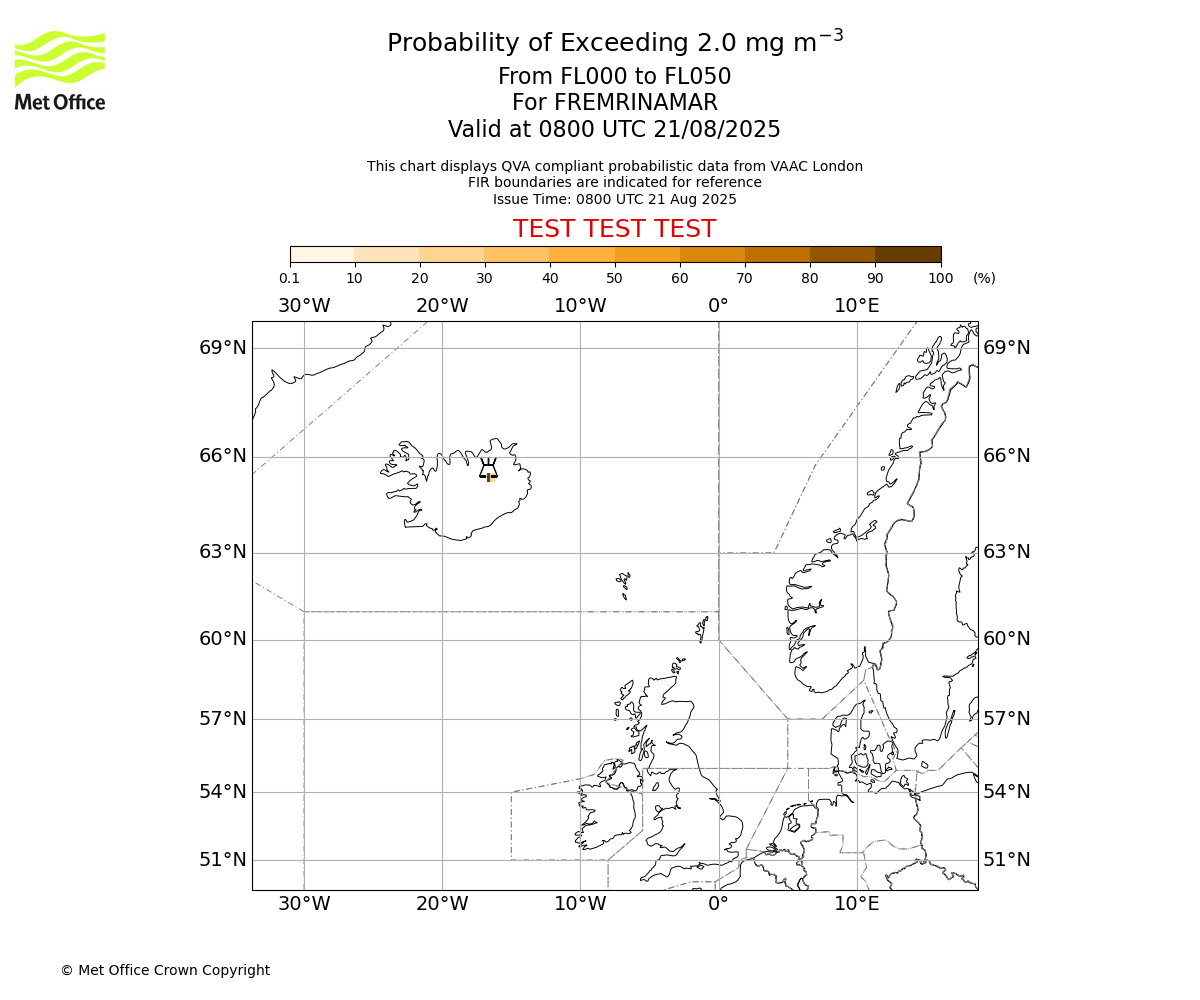 Probability of exceeding 2.0 milligrams per metre cubed. From 000 to 050 for FREMRINAMAR. Valid at 0800 UTC 21/08/2025