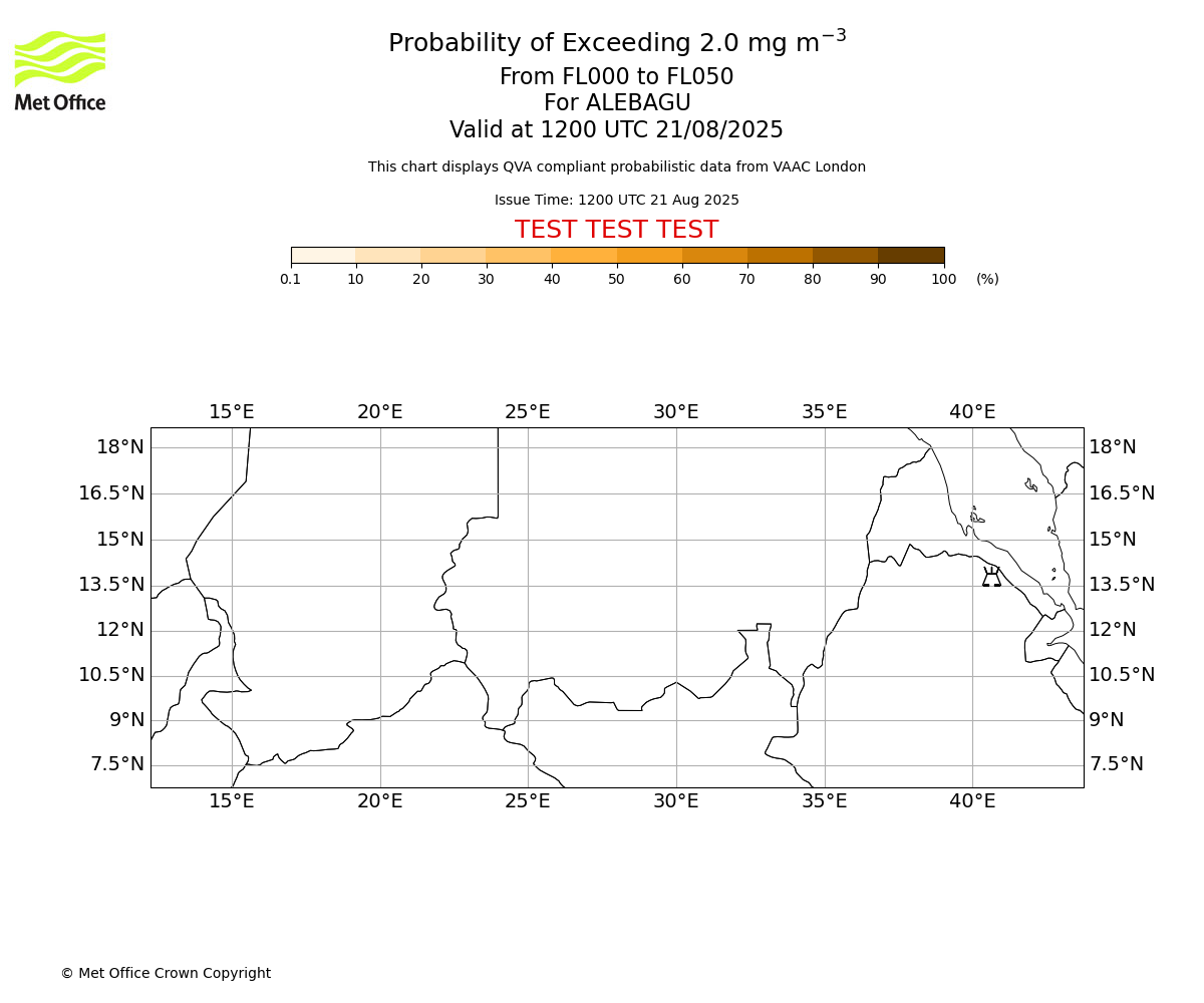 Probability of exceeding 2.0 milligrams per metre cubed. From 000 to 050 for ALEBAGU. Valid at 1200 UTC 21/08/2025