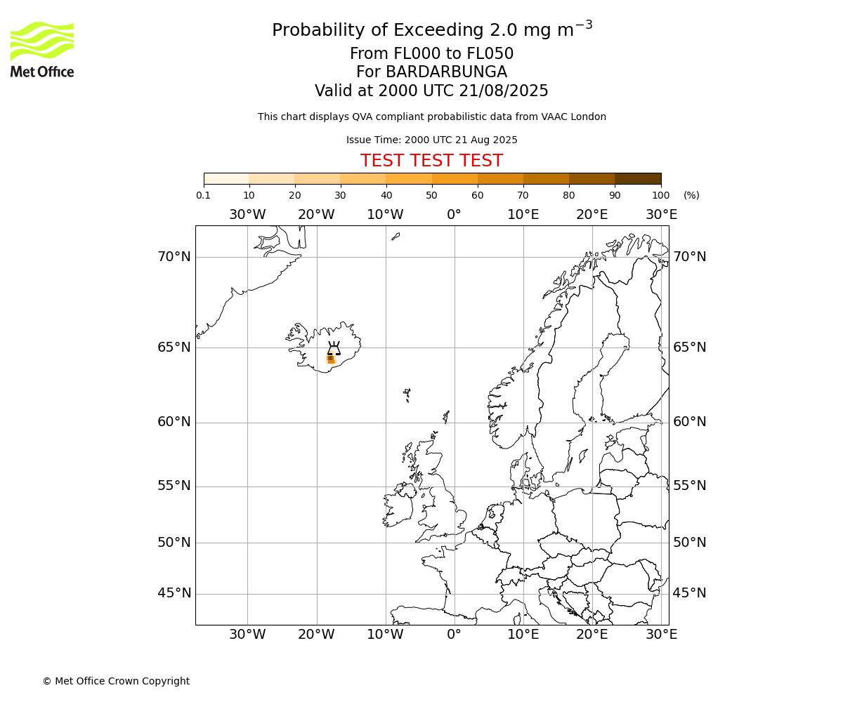 Probability of exceeding 2.0 milligrams per metre cubed. From 000 to 050 for BARDARBUNGA. Valid at 2000 UTC 21/08/2025
